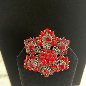 Red Rhinestone Brooch Snowflake Silvertone Base Pendant Loop Option